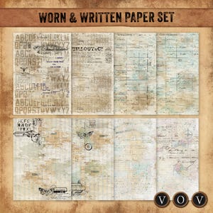 May include: A set of eight digital papers titled WORN & WRITTEN PAPER SET, featuring vintage-style textures with alphabet grids, numerical sequences, ledger lines, cursive handwriting, butterfly illustrations, and faded map-like markings in sepia tones.