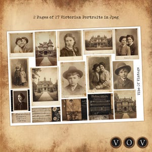 Puede incluir: Un collage de fotograf&iacute;as vintage con retratos victorianos y arquitect&oacute;nicos. El texto "2 Pages of 27 Victorian Portraits in Jpeg" y "Vibe Of Vintage" se muestra en la imagen.