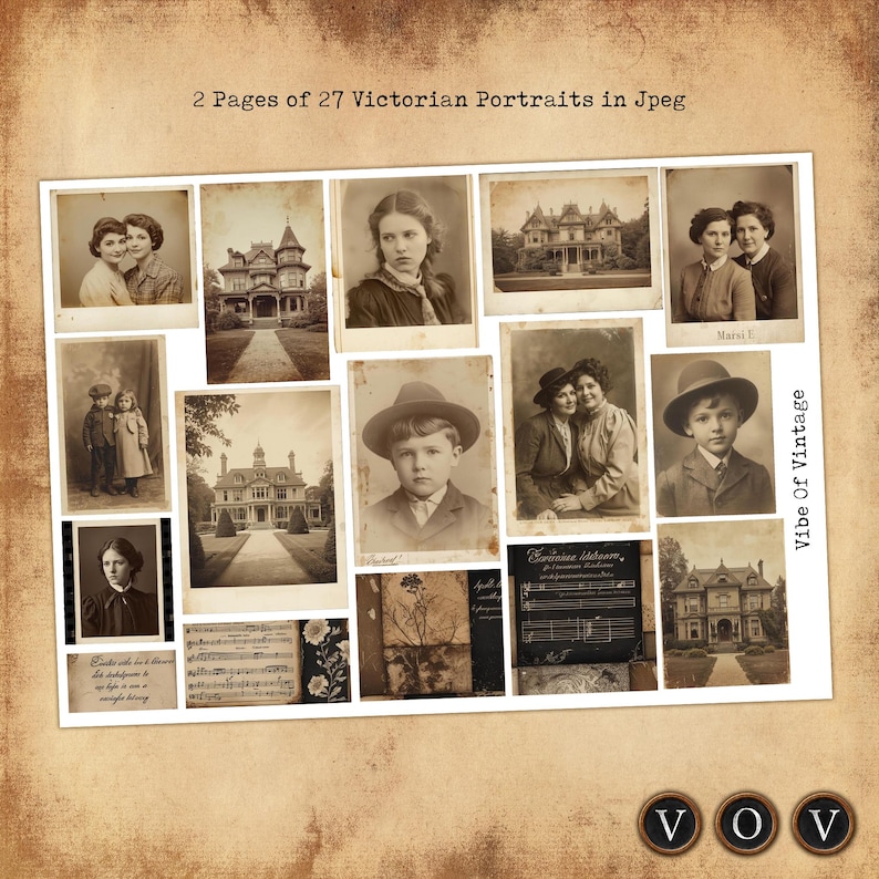 Puede incluir: Un collage de fotograf&iacute;as vintage con retratos victorianos y arquitect&oacute;nicos. El texto "2 Pages of 27 Victorian Portraits in Jpeg" y "Vibe Of Vintage" se muestra en la imagen.