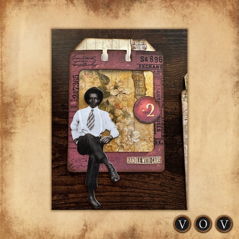 May include: A vintage-style illustration of a man wearing a white shirt, a striped tie, and a black hat. He is sitting on a chair with his legs crossed. The illustration is surrounded by floral patterns and text that reads "Sa 896 EXCHANG & DISTR TRANSP ON.CO OUT 2 RUSES GL HANDLE WITH CARE".