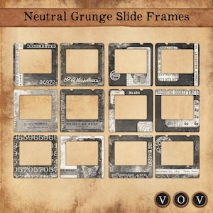 Puede incluir: Una colección de doce marcos de diapositivas grunge neutros con una estética vintage. Cada marco tiene una abertura rectangular para imágenes, rodeada por un borde gris oscuro. Los marcos presentan texto como "DOCUMENTED" y "MAISON DE GROS".