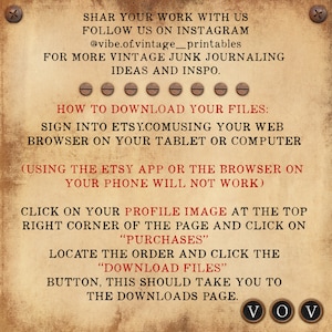 Puede incluir: Gr&aacute;fico de estilo vintage con instrucciones sobre c&oacute;mo descargar archivos de Etsy. El fondo es de color beige texturizado con texto marr&oacute;n oscuro y remaches decorativos. El texto incluye el identificador de Instagram @vibe.of.vintage_printables.