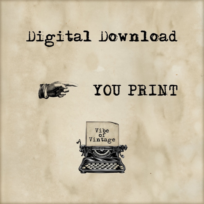 Puede incluir: Descarga digital de un gr&aacute;fico de m&aacute;quina de escribir vintage con el texto "Vibe of Vintage" en una hoja de papel. La imagen incluye el texto "Descarga digital" y "Usted imprime".