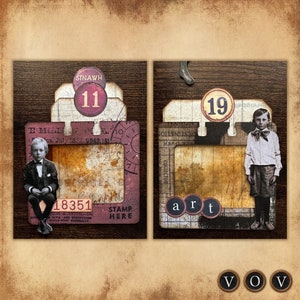May include: Two vintage-style picture frames with a woodgrain background. The frames have a brown and red color scheme. The top frame has a number "11" and the text "STNAWH" on it. The bottom frame has the text "art" and the number "19" on it. Both frames have a photo of a young boy in a white shirt and a dark tie. The frames are on a brown background.