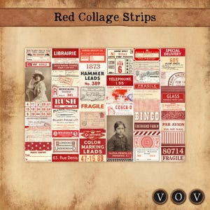 Può includere: Un collage di strisce di carta rosse e bianche in stile vintage con vari testi e immagini. Le strisce includono etichette, timbri e pubblicità. Il testo include parole come "Fragile" e "Telefono".