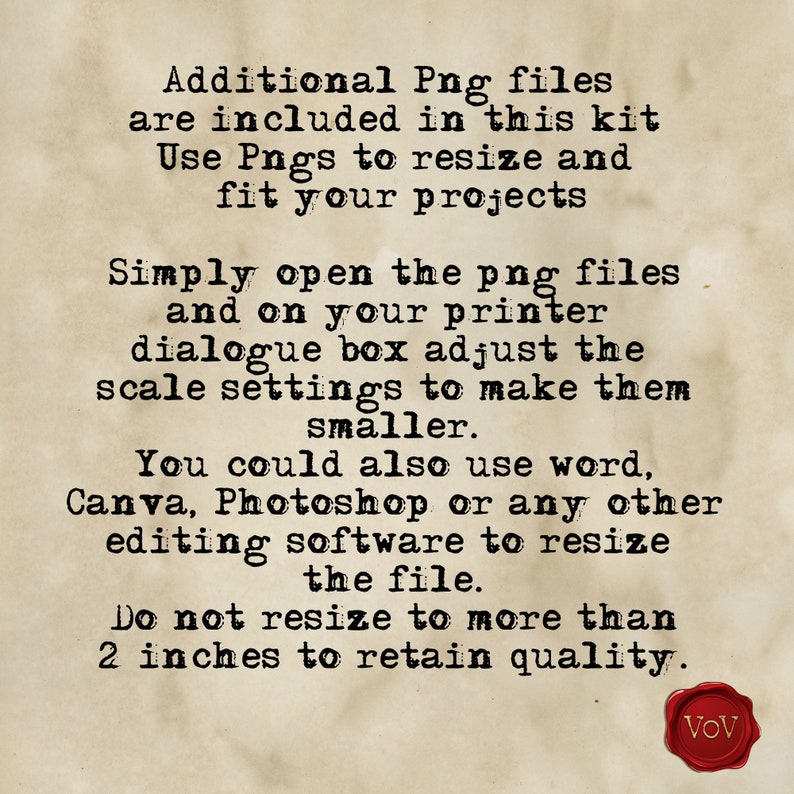 Puede incluir: Una imagen de texto con instrucciones sobre c&oacute;mo cambiar el tama&ntilde;o de los archivos PNG para imprimir. El texto dice: "Se incluyen archivos Png adicionales en este kit. Use Pngs para cambiar el tama&ntilde;o y ajustar sus proyectos. Simplemente abra los archivos png y en el cuadro de di&aacute;logo de su impresora, ajuste la configuraci&oacute;n de escala para hacerlos m&aacute;s peque&ntilde;os. Tambi&eacute;n puede usar Word, Canva, Photoshop o cualquier otro software de edici&oacute;n para cambiar el tama&ntilde;o del archivo. No cambie el tama&ntilde;o a m&aacute;s de 2 pulgadas para mantener la calidad."