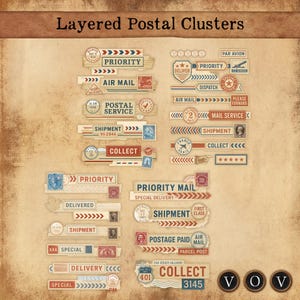 Kit di cluster postali a strati: strisce di effimeri messaggi postali stampabili per diari spazzatura, collage e rotoli di frammenti / etichette ispirate ai post vintage.