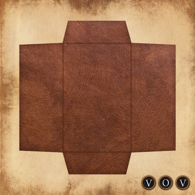 May include: A brown leather envelope with a flap on the top. The envelope is on a beige background with three black typewriter keys that spell "VOV".