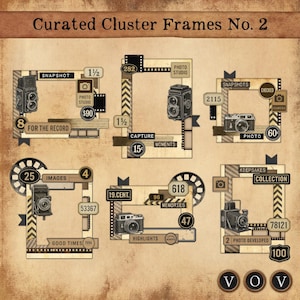 May include: A vintage-style digital collage featuring six photo frames with camera illustrations and text elements. The frames have a distressed paper background with text such as "SNAPSHOT", "PHOTO STUDIO", and "GOOD TIMES 1994".