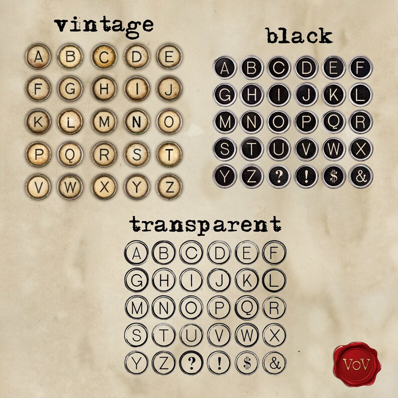 Puede incluir: Teclas de m&aacute;quina de escribir vintage, negras y transparentes con el alfabeto, los n&uacute;meros y los signos de puntuaci&oacute;n. Las teclas est&aacute;n dispuestas en filas y columnas. La palabra "vintage" est&aacute; escrita sobre las teclas vintage, "negro" est&aacute; escrito sobre las teclas negras y "transparente" est&aacute; escrito sobre las teclas transparentes. La palabra "VOV" est&aacute; escrita en rojo en un sello de cera.