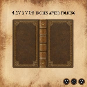 K&ouml;nnte beinhalten: Ein braunes, ledergebundenes Buch mit goldenen Filigranarbeiten auf dem Einband und dem Buchr&uuml;cken. Der Text "4.17 x 7.09 inches after folding" ist oben aufgedruckt. Das Buch hat eine Vintage- und Antik-&Auml;sthetik.