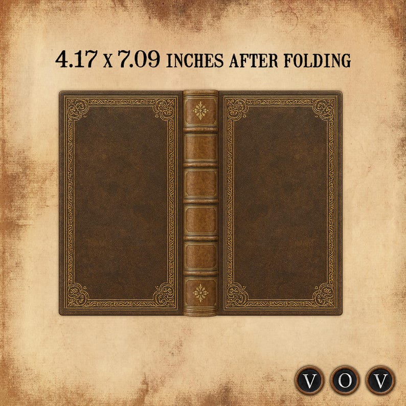 K&ouml;nnte beinhalten: Ein braunes, ledergebundenes Buch mit goldenen Filigranarbeiten auf dem Einband und dem Buchr&uuml;cken. Der Text "4.17 x 7.09 inches after folding" ist oben aufgedruckt. Das Buch hat eine Vintage- und Antik-&Auml;sthetik.