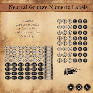 May include: A digital collage featuring neutral grunge numeric labels in circles and ovals. The image includes numbers 0-9, question marks, and a vintage hand pointing. The text indicates the labels are available in JPEG and PNG formats.