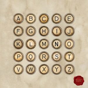 Puede incluir: Un teclado de m&aacute;quina de escribir vintage con teclas redondas que presentan el alfabeto en letras may&uacute;sculas. Las teclas est&aacute;n dispuestas en una cuadr&iacute;cula sobre un fondo beige.