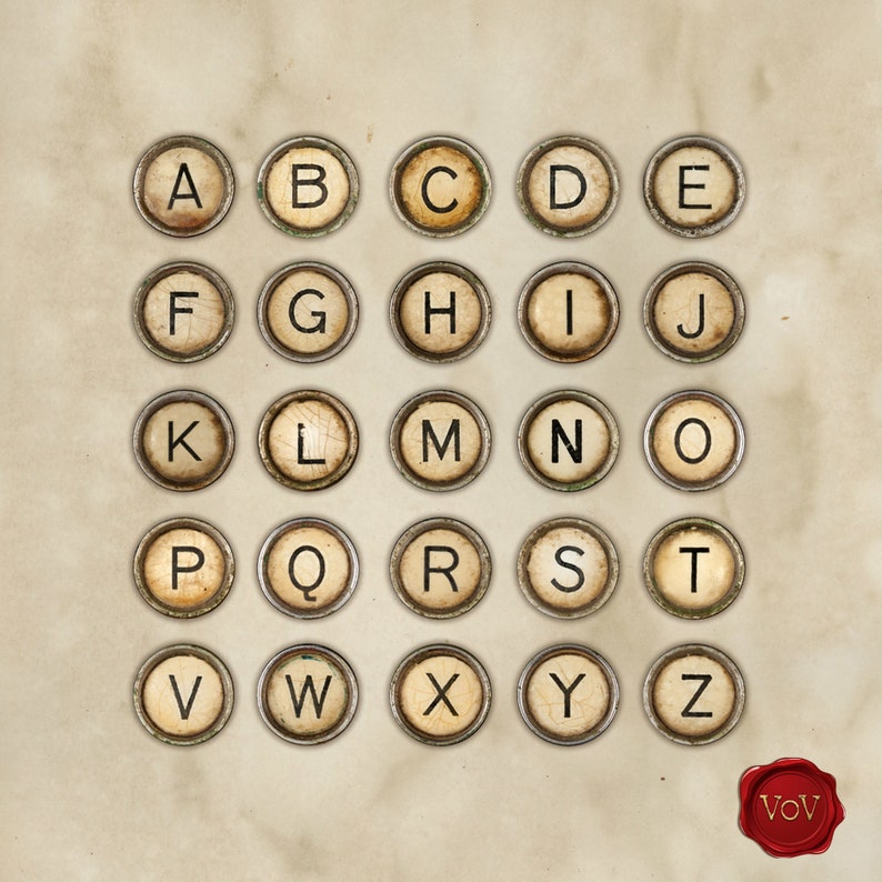 Puede incluir: Un teclado de m&aacute;quina de escribir vintage con teclas redondas que presentan el alfabeto en letras may&uacute;sculas. Las teclas est&aacute;n dispuestas en una cuadr&iacute;cula sobre un fondo beige.