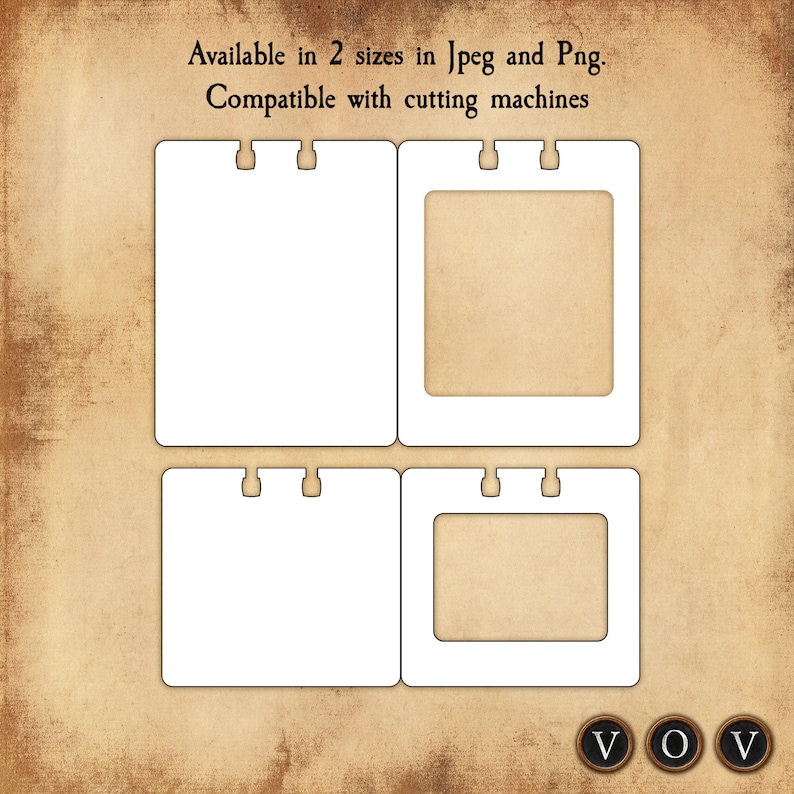 May include: Four white square frames with black outlines and cut-out sections. The frames are arranged in a 2x2 grid. The text "Available in 2 sizes in Jpeg and Png. Compatible with cutting machines" is at the top of the image.