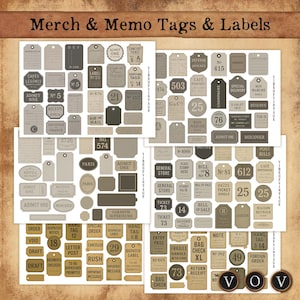 Labels en labels voor merchandise en memo's Afdrukbare kortstondige kit voor ongewenste tijdschriften, verzendlabels in vintage stijl, tickets, bonnen, benodigdheden voor papierwaren
