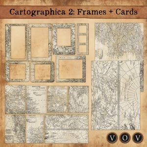 Puede incluir: Un conjunto de marcos y tarjetas de estilo vintage con temática de mapas. Los marcos, de diferentes tamaños y formas, presentan un aspecto envejecido y desgastado. Las tarjetas muestran ilustraciones detalladas de mapas en tonos beige y gris. El texto "Cartographica 2: Frames + Cards" es visible.