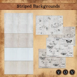 Könnte beinhalten: Eine Sammlung digitaler Papiere mit Streifenmustern in verschiedenen Grau-, Beige- und Weißtönen. Einige Papiere zeigen handschriftliche Schrift, Schmetterlinge und den Text "Striped Backgrounds".