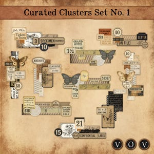 Curated Clusters Set No.1 - Vintage Ephemera Etiketten, Collagen, Schmetterlinge, Tickets & Zahlen für Junk Journals, Scrapbooking