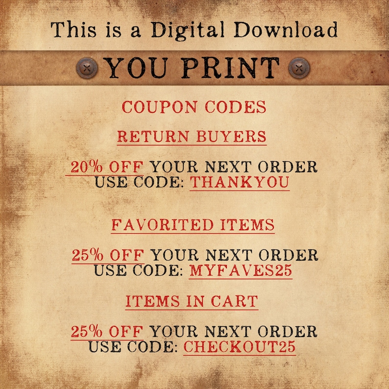 Puede incluir: Gr&aacute;fico de descarga digital con texto sobre un fondo beige. El texto incluye "This is a Digital Download", "YOU PRINT" e informaci&oacute;n sobre c&oacute;digos de cup&oacute;n, incluyendo "THANKYOU", "MYFAVES25" y "CHECKOUT25".