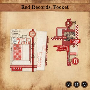 May include: A vintage-style collage featuring red and cream elements. It includes tickets, labels, and a photograph, with text such as "Red Records: Pocket", "First Class Mail", and "Glass Handle With Care".