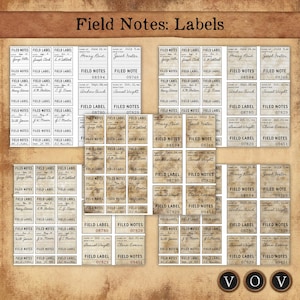 Labels voor veldnotities Afdrukbare Efemere kit: vintage stijl gearchiveerde notities, archieflabels, nummerlabels voor ongewenste tijdschriften, scrapbooking, collage