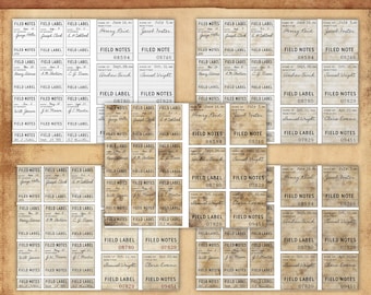 May include: A sheet of vintage-style labels with handwritten text, including "Field Notes", "Filed Note", and various dates and names. The labels are printed on a cream-colored paper with a distressed, aged look.