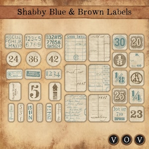 Shabby Blue & Brown-labels, jpeg en png, 34 labels, voor junkjournaling en ander papierkunst.