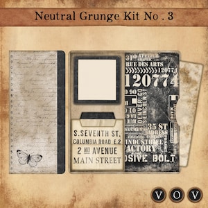 以下が含まれることがあります： ヴィンテージな美学を持つニュートラルなグランジキット。キットには、スクリプトと蝶のノート、フレーム、ラベルとテキストのコラージュが含まれています。テキストには住所と「Industrial Factory」の文字が含まれています。