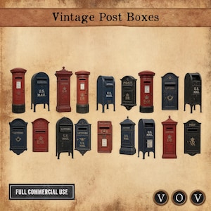 May include: A collection of vintage post boxes in various colors, including red, blue, and black. The post boxes have different shapes and designs, with some featuring the text "U.S. MAIL" and "LETTERS". The image also includes the text "Vintage Post Boxes" and "FULL COMMERCIAL USE".