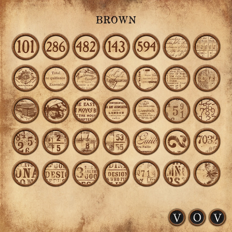 Puede incluir: Una colecci&oacute;n de 20 etiquetas circulares marrones con varios n&uacute;meros, texto e im&aacute;genes. Las etiquetas est&aacute;n dispuestas en una cuadr&iacute;cula sobre un fondo beige. La palabra "BROWN" est&aacute; impresa en negro en la parte superior de la imagen.