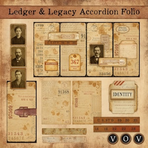 Mini kit folio accordéon Ledger et Legacy - documents éphémères imprimables vintage, reçus anciens, cartes de portrait, règles, kit de journal indésirable.