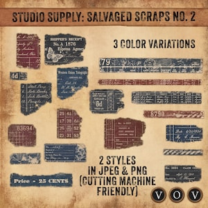 Peut inclure: Une collection de morceaux de papier de style vintage présentant divers documents imprimés, reçus et étiquettes dans des tons bleus, rouges et sombres. Le texte inclut 'STUDIO SUPPLY: SALVAGED SCRAPS NO. 2', '3 COLOR VARIATIONS' et '2 STYLES IN JPEG & PNG'.