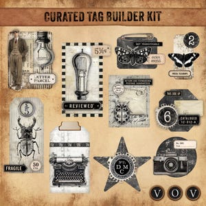 Puede incluir: Una hoja de collage digital titulada Curated Tag Builder Kit que presenta elementos de estilo vintage, incluyendo una persona con traje, bombillas, polillas, un escarabajo, una máquina de escribir, una cámara y etiquetas con textos como Fragile y Reviewed.
