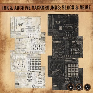 Könnte beinhalten: Eine Sammlung digitaler Papierdesigns mit dem Titel INK & ARCHIVE BACKGROUNDS: BLACK & BEIGE. Das Set enthält Dokumente im Vintage-Stil, Raster, Libellen-Illustrationen, Schreibmaschinentasten und kursive Schriftzüge in Schwarz und Beige.