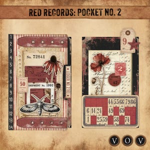 Puede incluir: Un collage digital titulado RED RECORDS: POCKET NO. 2 con dos paneles rectangulares. El panel izquierdo muestra una lista numerada, una ilustración de polilla, una flor y texto que incluye No. 72841 y SHIPMENT No. 1992. El panel derecho muestra una amapola, un sello postal y un cartón de bingo.