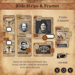 May include: A collection of vintage slide strips and frames with the text "Slide Strips & Frames". The image features portraits, labels, and a pointing hand. Text includes "New York", "Specimen", and "Amperes".