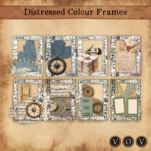 May include: A collage of eight distressed color frames with vintage travel-themed elements. Each frame features a unique design, including maps, compasses, and handwritten notes. The text "Distressed Colour Frames" is at the top.