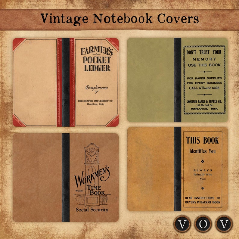 May include: Four vintage notebook covers with different designs. The first cover is brown with red and black accents and says "Farmer's Pocket Ledger". The second cover is green with black accents and says "Don't Trust Your Memory Use This Book". The third cover is brown with black accents and says "Workmen's Weekly Time Book Social Security". The fourth cover is brown with black accents and says "This Book Identifies You".