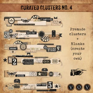 May include: A digital collage sheet titled Curated Clusters No. 4 featuring six horizontal strips of vintage-style ephemera, including moth illustrations, film strips, postage stamps, numbers, and text labels like Champs-Élysées and Broadway.