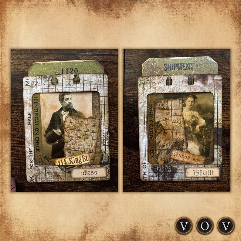 May include: Two vintage-style ticket stubs with a brown background. The left stub features a man in a suit and hat with the text "114 King St. D.250". The right stub features a woman in a dress with the text "LONDON 1884 758400".