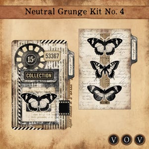 Può includere: Un kit di scrapbooking vintage con un'estetica grunge neutra. Il kit presenta cartelle, bobine di film e illustrazioni di farfalle. Il testo include "Neutral Grunge Kit No. 4", "Collection" e un prezzo di "15c".