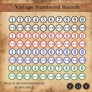 Vintage Numbered Rounds, Vintage Circle Stamped Elements, Printable Elements, Junk Journaling Embellishments & Accent pieces