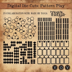 Puede incluir: Troqueles digitales con varios patrones geométricos negros, incluyendo círculos, diamantes y rectángulos. El texto "Digital Die Cuts: Pattern Play" y "Made by Tanja" es visible. El diseño general está sobre un fondo texturizado en tonos sepia.