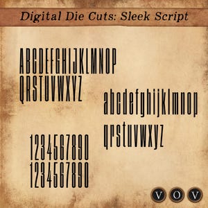 May include: Digital die cuts in a sleek script font. The alphabet is shown in uppercase and lowercase, followed by the numbers 1 through 9 and 0. The font is black on a brown background.
