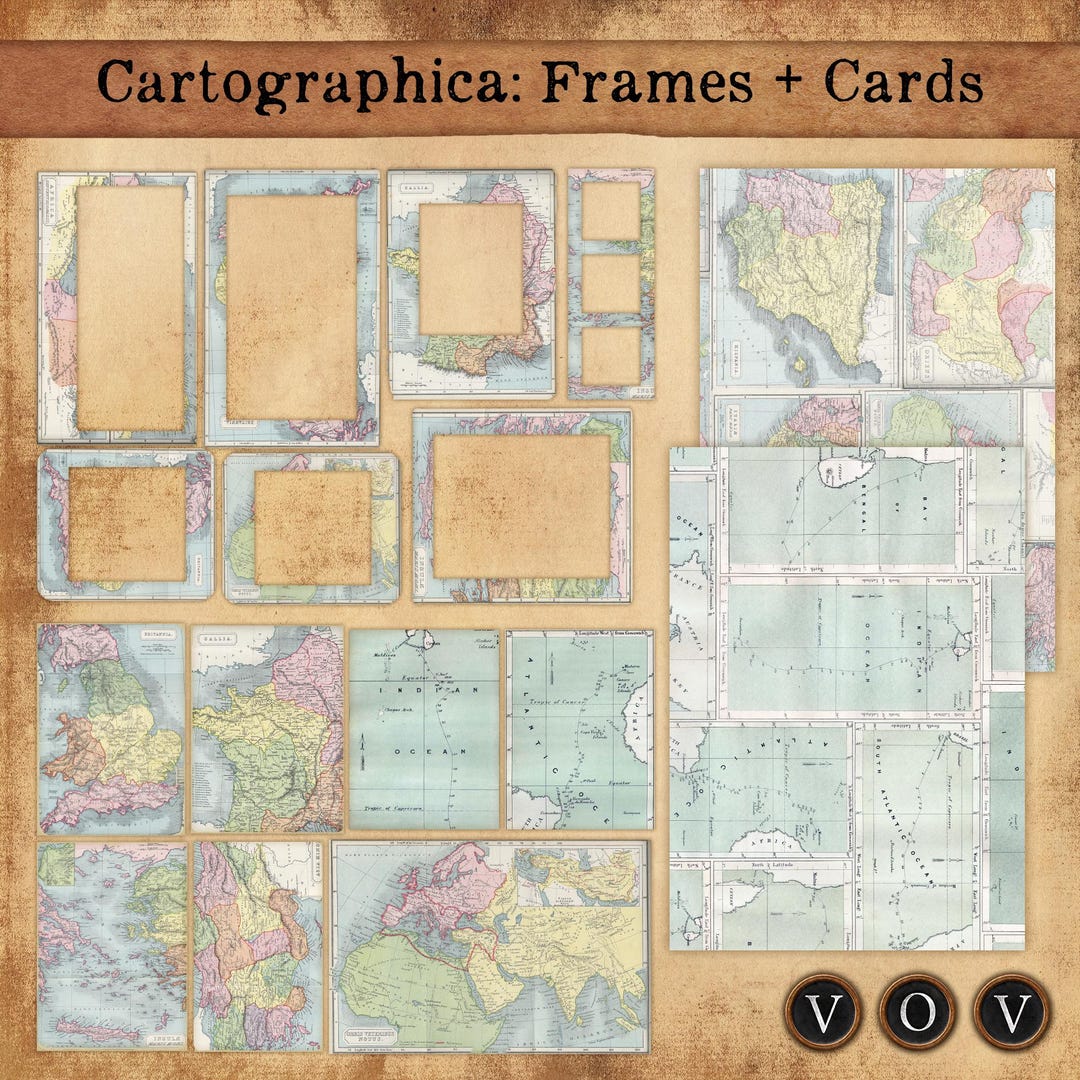 Cartographica: Vintage Map Frames & Cards Kit – A4 Printable Ephemera ...