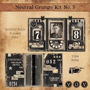 May include: A trifold folio with a neutral grunge design. The design includes the numbers 7, 8, and 052, along with vintage imagery and text. The text includes "Neutral Grunge Kit No. 5", "Trifold Folio", "Coney Island 116th St.", and "Park Row 125th St."