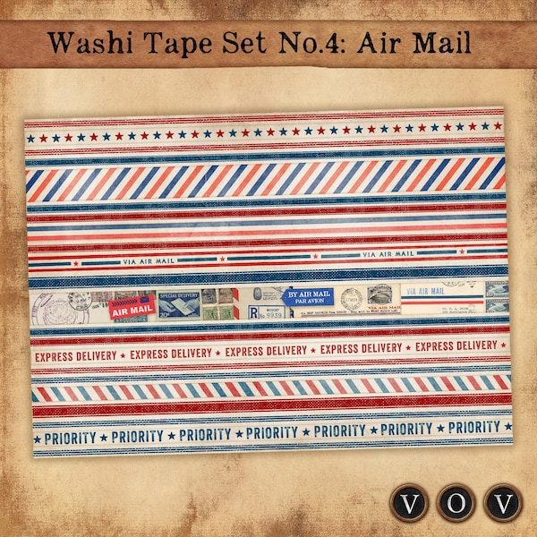 Airmail Washi Tape Set: Postal Junk Journal Embellishments (Digital Download)