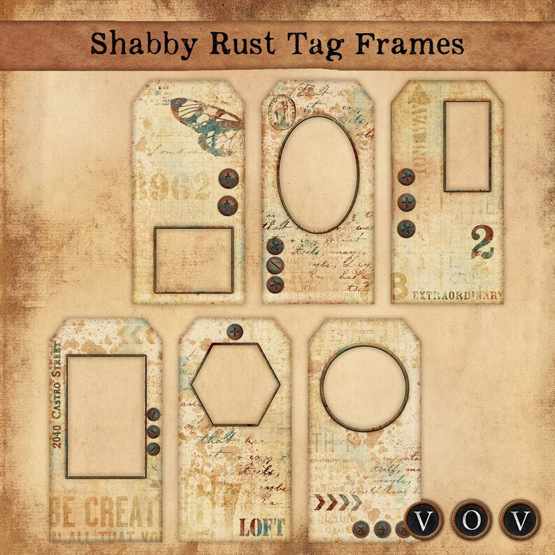 Shabby Rust Tag Frames, Vintage Tags, Tag Set, Set of 6 Shabby Rustic ...